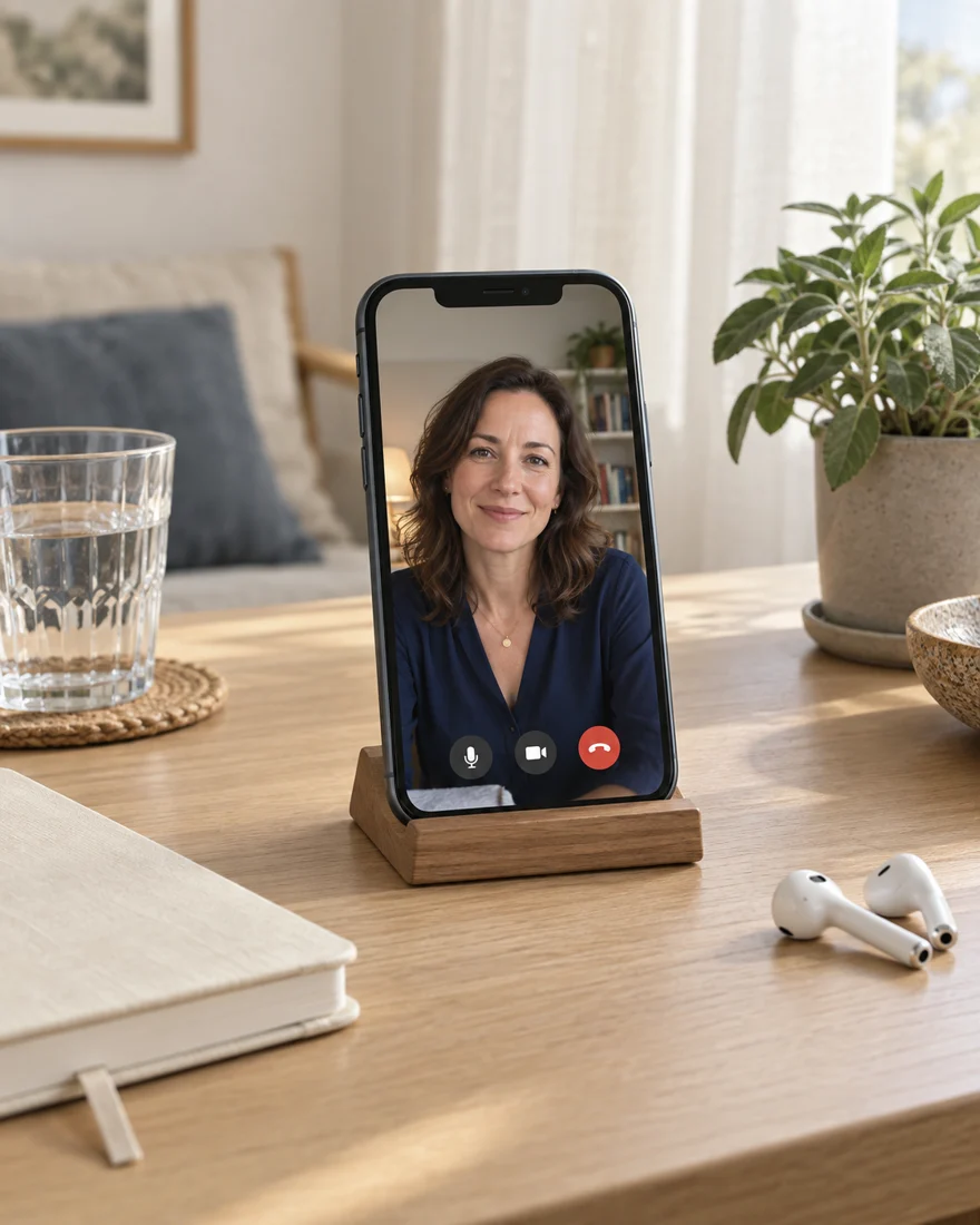 Escena ilustrativa de un celular en un soporte con una videollamada, audífonos y una libreta para la sesión online