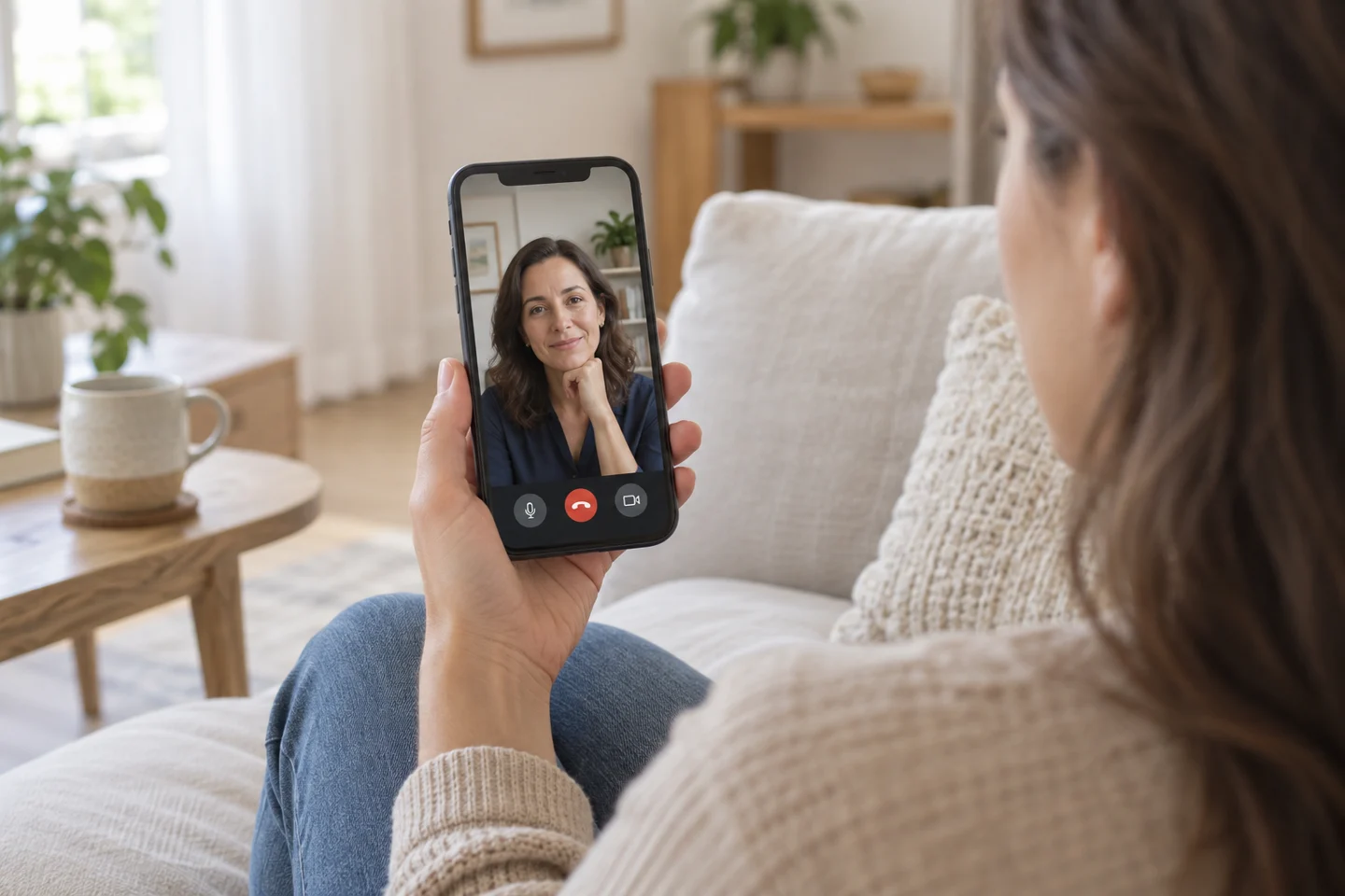 Escena ilustrativa de una persona conversando con una psicóloga por videollamada desde su celular