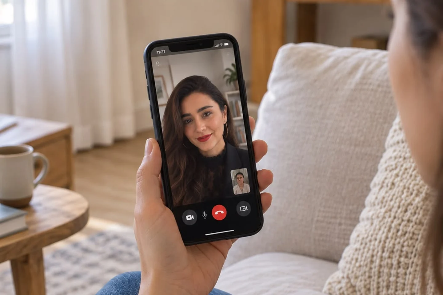 Persona sosteniendo un celular durante una sesión de psicología por videollamada